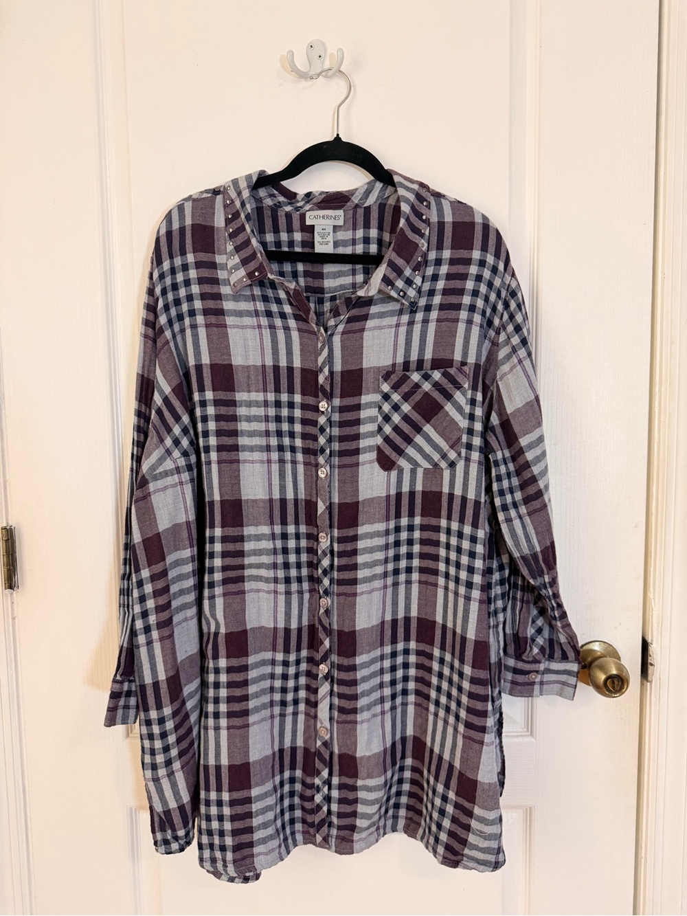 Catherine’s 4X Plaid Button Up Shirt Burgundy Navy Ivory Cotton Rayon